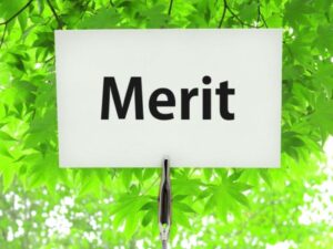 緑の葉に囲まれたMeritサイン